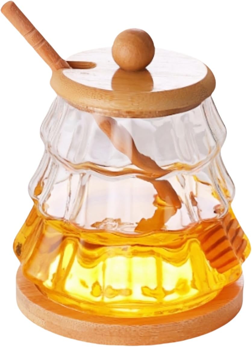 Honey Jar with Lid & Dipper - 14oz Glass Honey Pot Set on Wooden Tray - Storage Container for Honey, Syrup, Jam, Maple Syrup, Kitchen Pantry