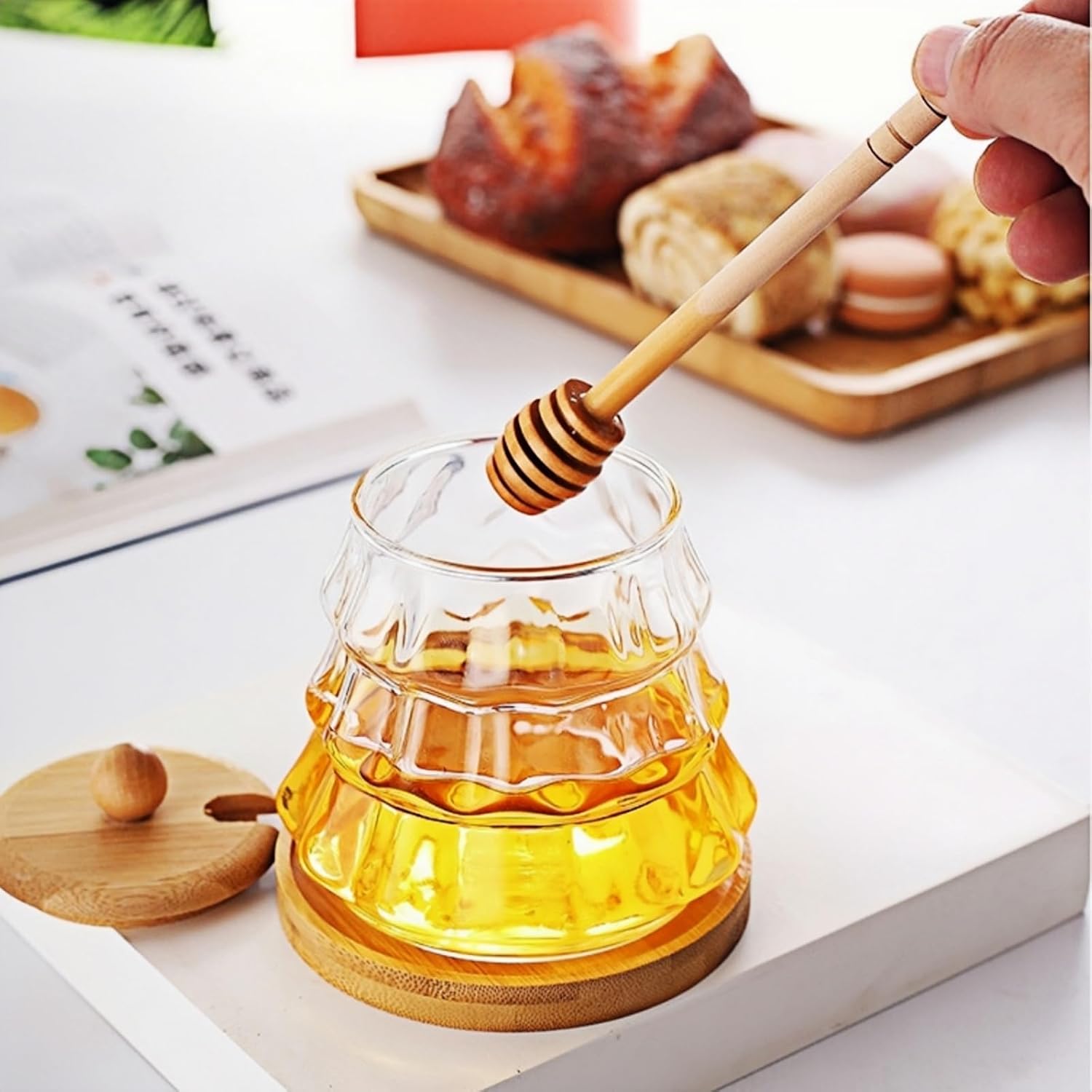 Honey Jar with Lid & Dipper - 14oz Glass Honey Pot Set on Wooden Tray - Storage Container for Honey, Syrup, Jam, Maple Syrup, Kitchen Pantry