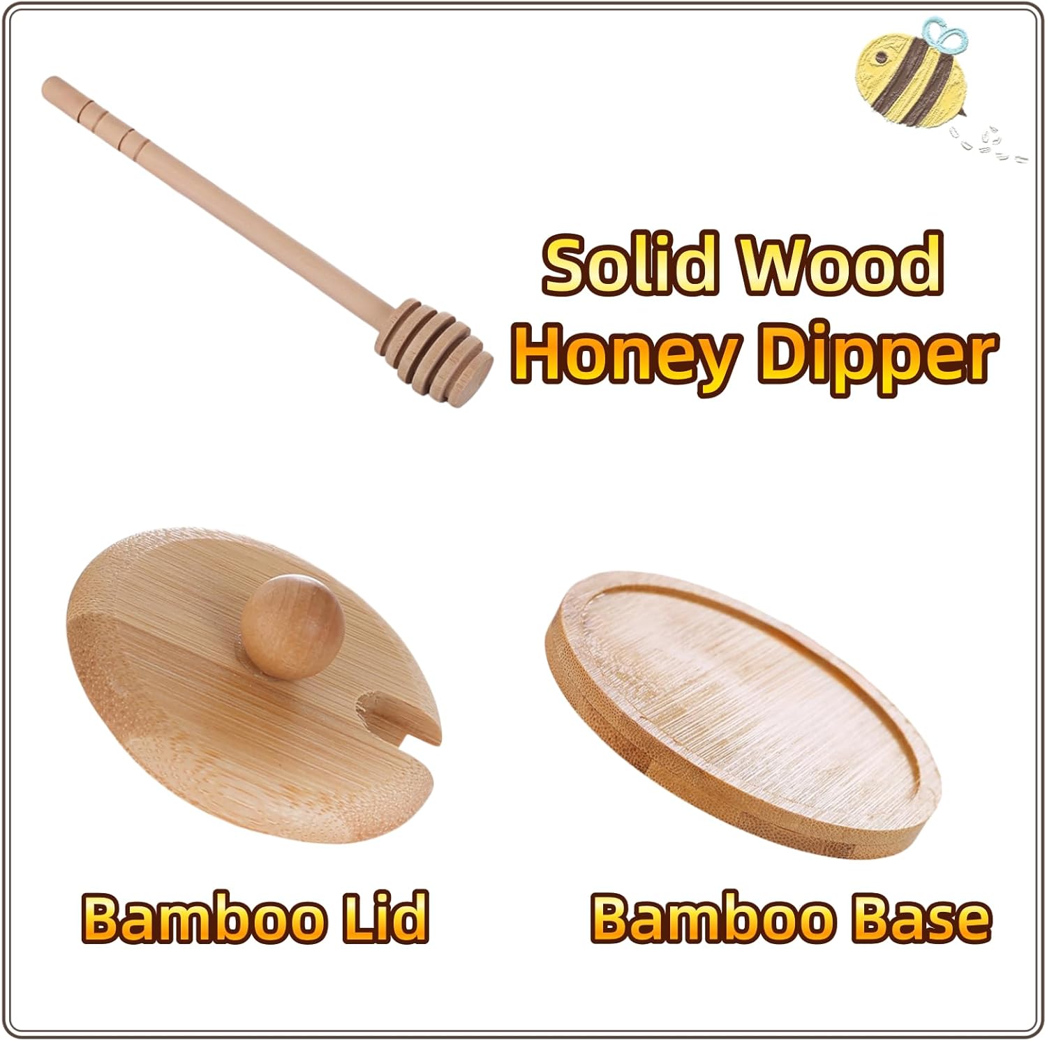 Honey Jar with Lid & Dipper - 14oz Glass Honey Pot Set on Wooden Tray - Storage Container for Honey, Syrup, Jam, Maple Syrup, Kitchen Pantry