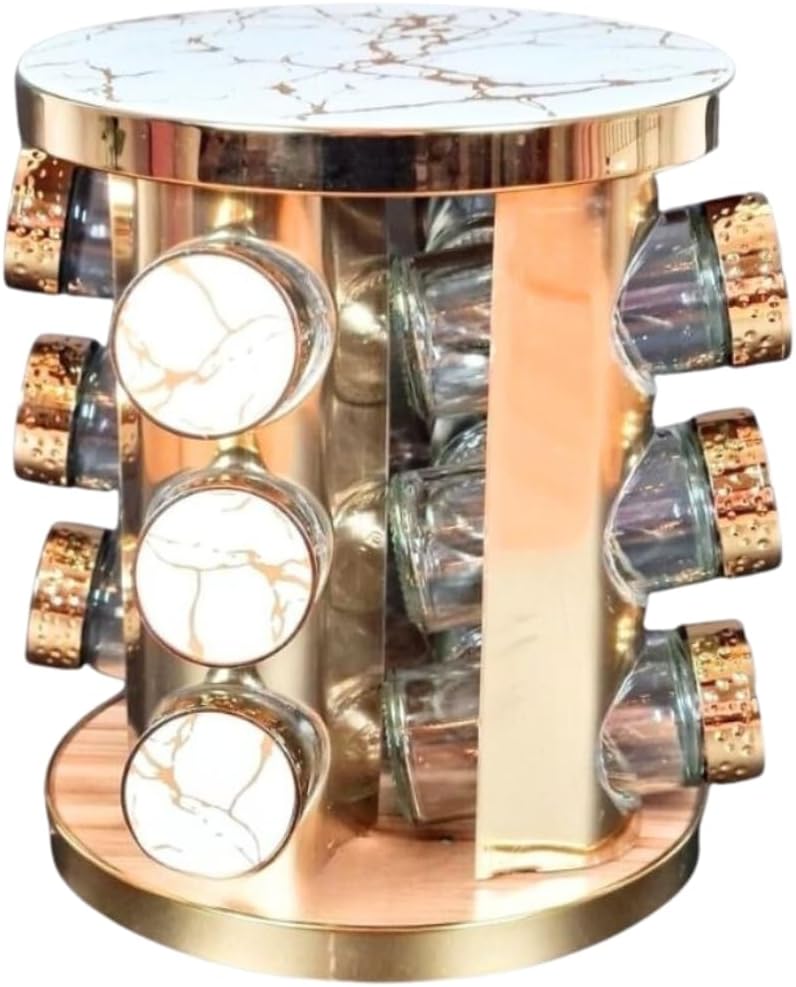 Revolving Spice Tower | Spice Rack | 12 Pcs Spice Jars | Seasoning Kitchen Storage Organization | Stainless Steel Turntable Condiment Stand Brown/Silver