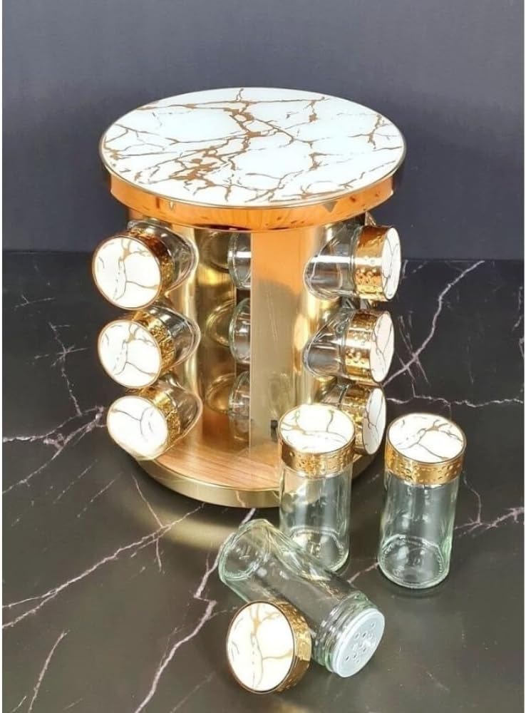 Revolving Spice Tower | Spice Rack | 12 Pcs Spice Jars | Seasoning Kitchen Storage Organization | Stainless Steel Turntable Condiment Stand Brown/Silver