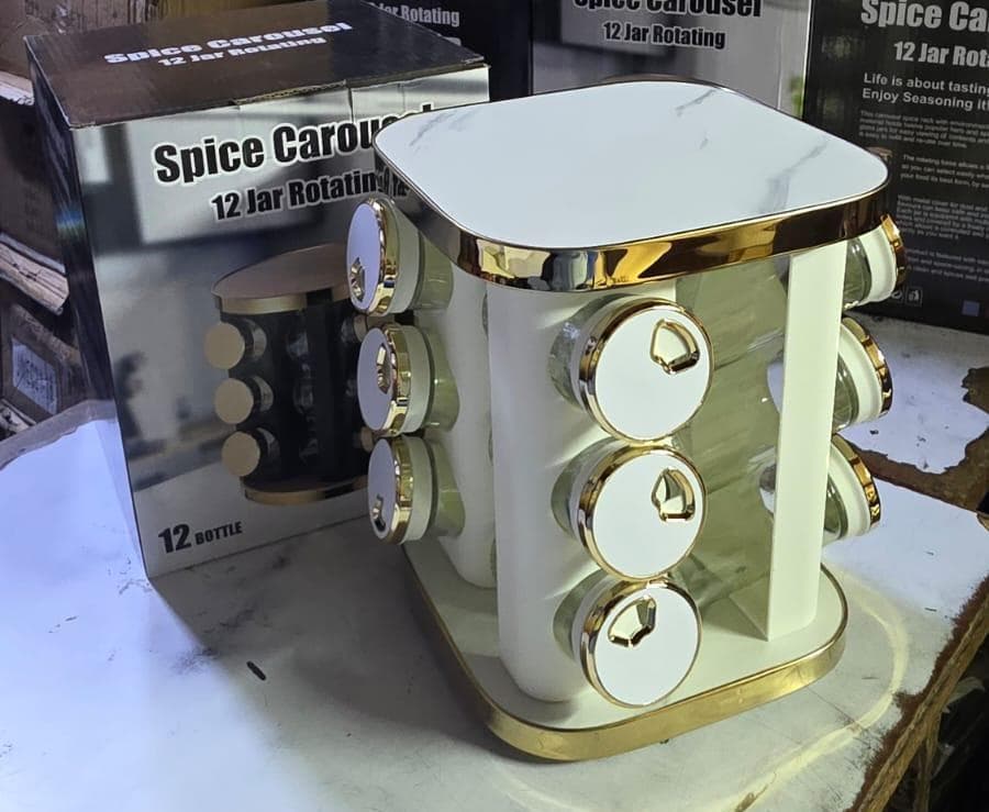 Revolving Spice Tower | Spice Rack | 12 Pcs Spice Jars | Seasoning Kitchen Storage Organization | Stainless Steel Turntable Condiment Stand Brown/Silver