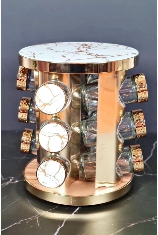 Revolving Spice Tower | Spice Rack | 12 Pcs Spice Jars | Seasoning Kitchen Storage Organization | Stainless Steel Turntable Condiment Stand Brown/Silver