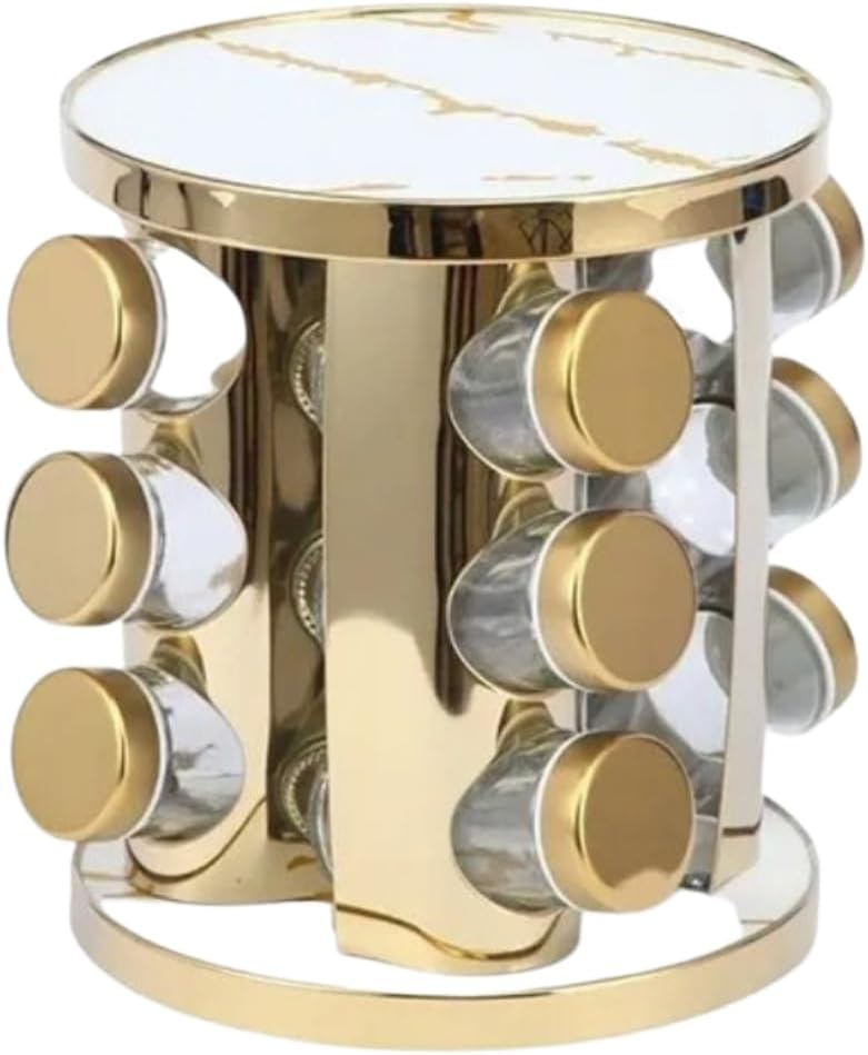 Revolving Spice Tower | Spice Rack | 12 Pcs Spice Jars | Seasoning Kitchen Storage Organization | Stainless Steel Turntable Condiment Stand Brown/Silver