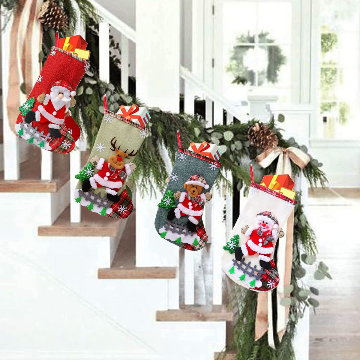 Christmas Decorations Stocking, 10 Inch Linen Xmas Gift Stockings, Large Hanging Christmas Tree Decoration Items for Xmas Tree, Home Decor, Door, Window set of 4pcs