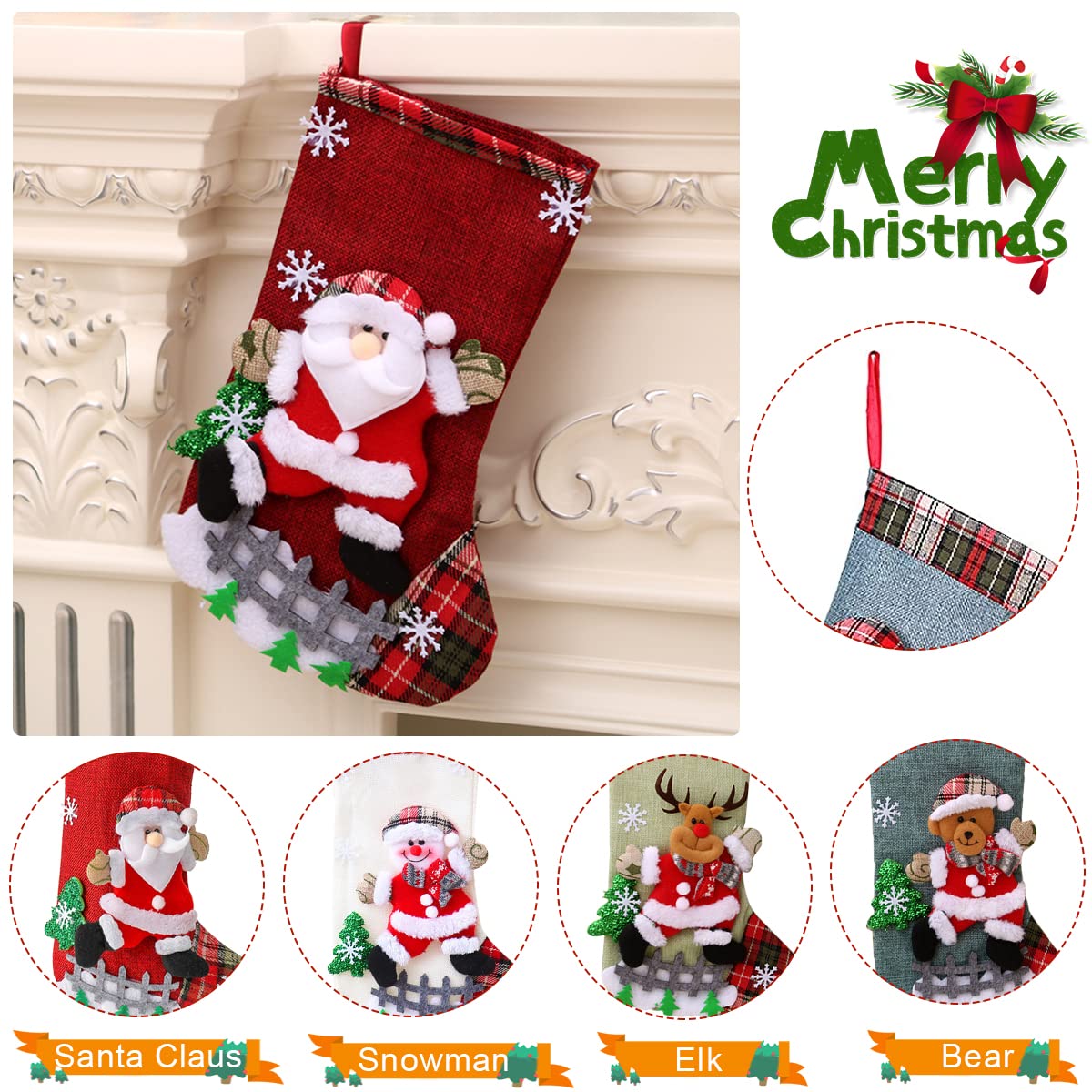Christmas Decorations Stocking, 10 Inch Linen Xmas Gift Stockings, Large Hanging Christmas Tree Decoration Items for Xmas Tree, Home Decor, Door, Window set of 4pcs
