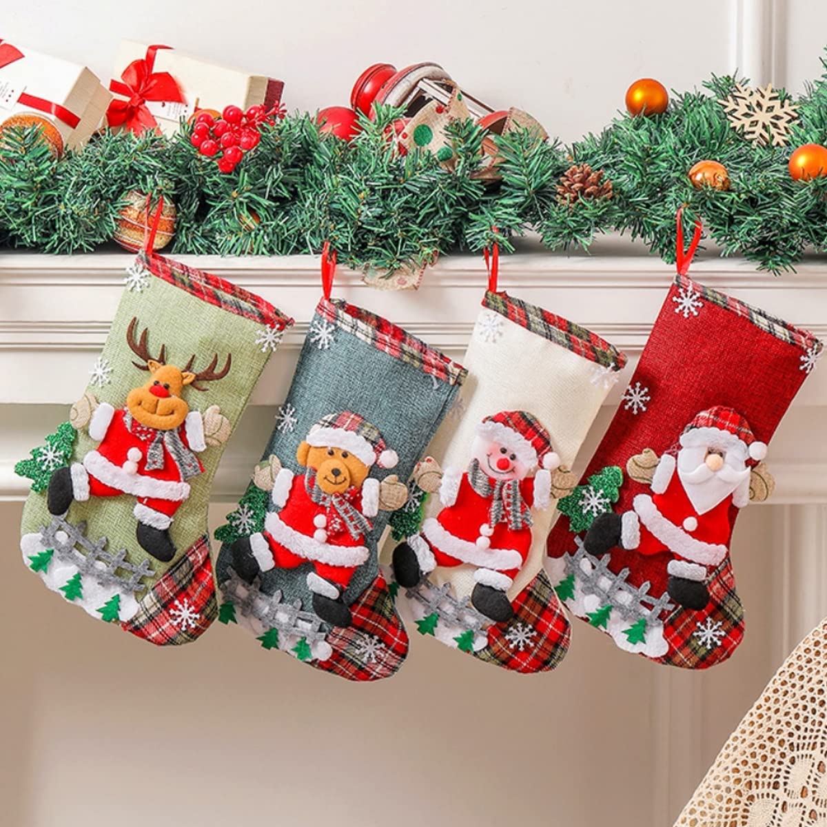 Christmas Decorations Stocking, 10 Inch Linen Xmas Gift Stockings, Large Hanging Christmas Tree Decoration Items for Xmas Tree, Home Decor, Door, Window set of 4pcs