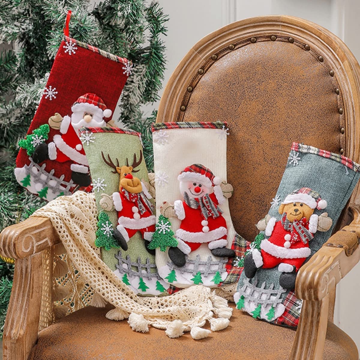 Christmas Decorations Stocking, 10 Inch Linen Xmas Gift Stockings, Large Hanging Christmas Tree Decoration Items for Xmas Tree, Home Decor, Door, Window set of 4pcs