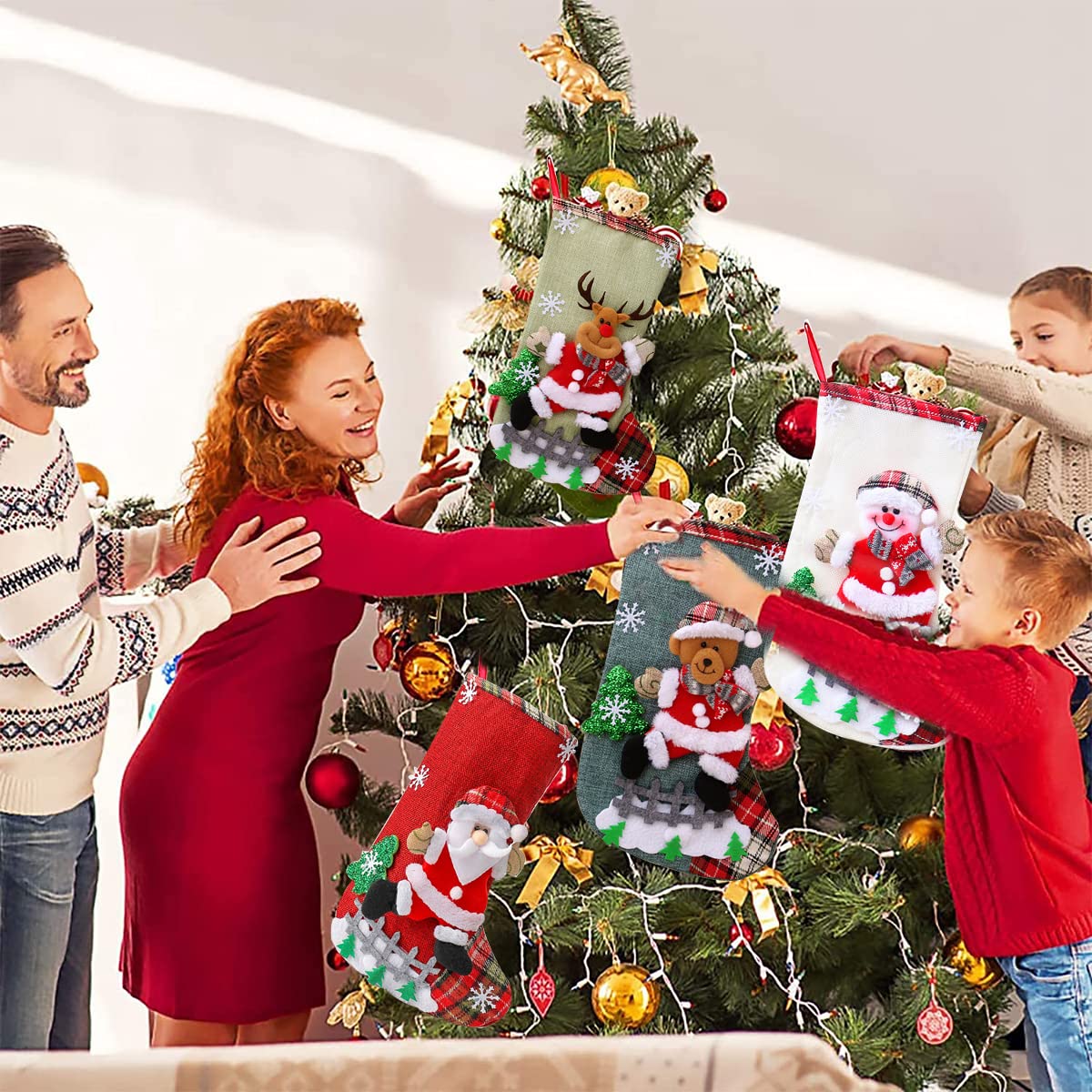 Christmas Decorations Stocking, 10 Inch Linen Xmas Gift Stockings, Large Hanging Christmas Tree Decoration Items for Xmas Tree, Home Decor, Door, Window set of 4pcs