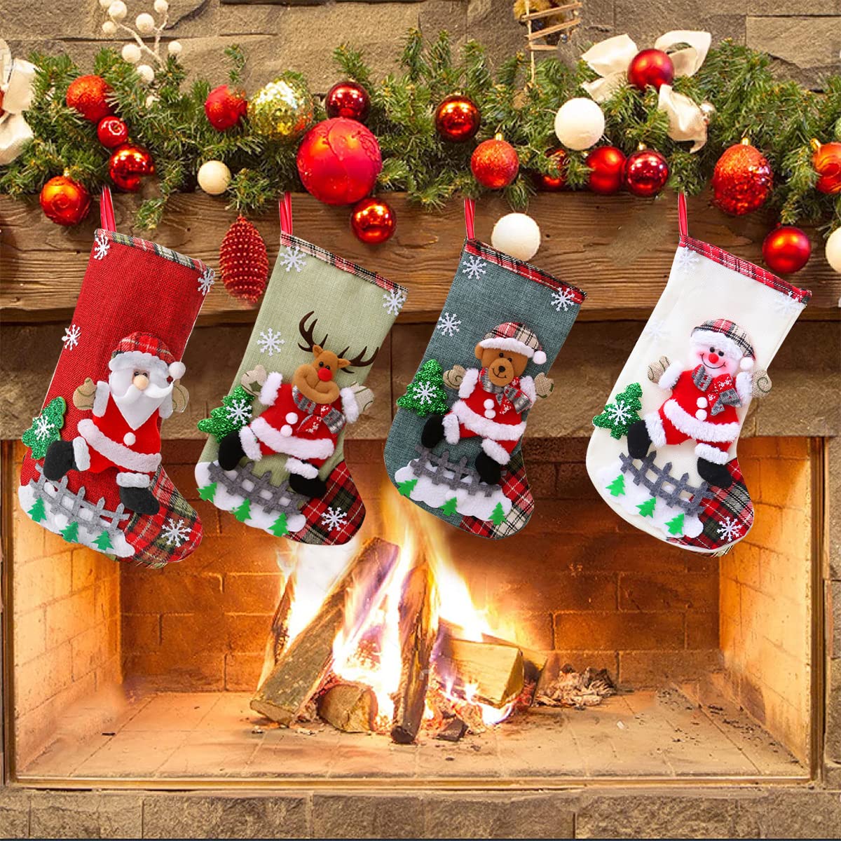 Christmas Decorations Stocking, 10 Inch Linen Xmas Gift Stockings, Large Hanging Christmas Tree Decoration Items for Xmas Tree, Home Decor, Door, Window set of 4pcs