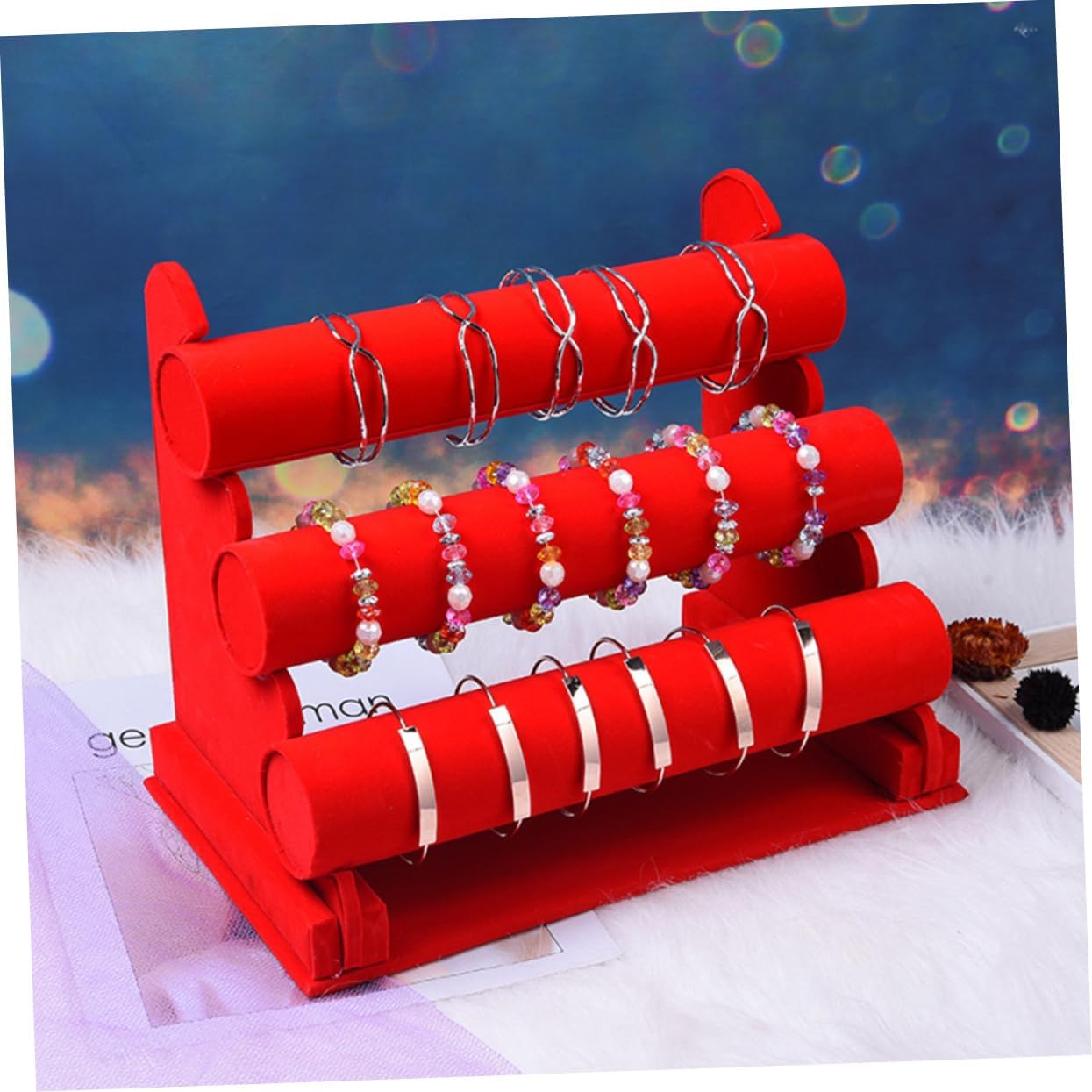3Tiers Jewelry Display Stand Red Velvet, Jewelry Organizer Bracelet Holder Watch Holder Jewelry Display Stand