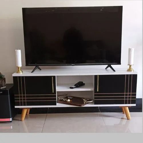 Art Deco-Inspired Modern TV Stand – Sleek Media Console with Geometric Gold Accents & Tapered Wood Legs