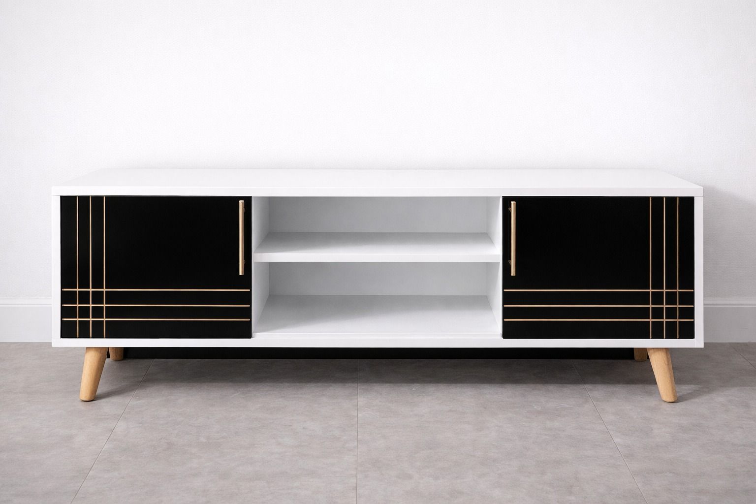 Art Deco-Inspired Modern TV Stand – Sleek Media Console with Geometric Gold Accents & Tapered Wood Legs