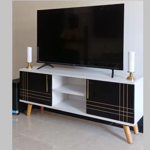 Art Deco-Inspired Modern TV Stand – Sleek Media Console with Geometric Gold Accents & Tapered Wood Legs