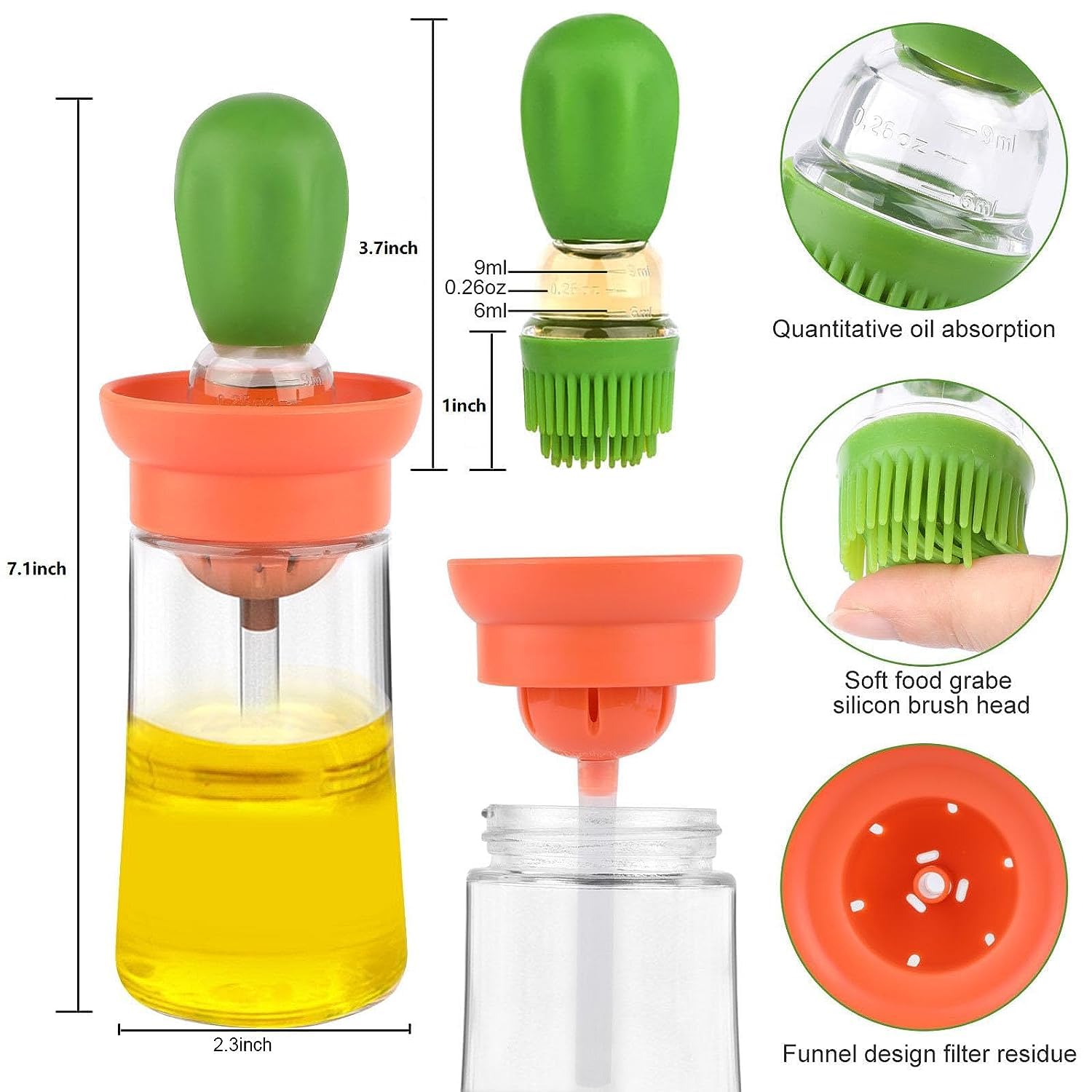 Glass Olive Oil Dispenser Bottle With Silicone Brush 2 In 1, Silicone Dropper Measuring Oil Dispenser Bottle for Kitchen Cooking, Frying, Baking, BBQ Pancake, Air Fryer,Green