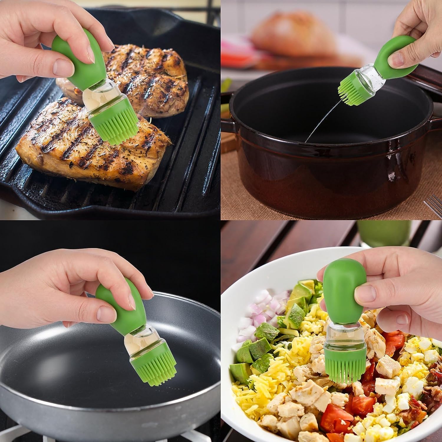 Glass Olive Oil Dispenser Bottle With Silicone Brush 2 In 1, Silicone Dropper Measuring Oil Dispenser Bottle for Kitchen Cooking, Frying, Baking, BBQ Pancake, Air Fryer,Green
