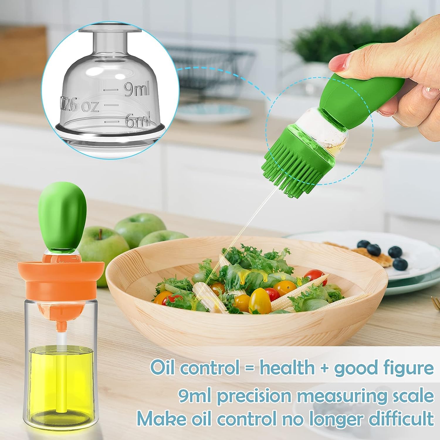Glass Olive Oil Dispenser Bottle With Silicone Brush 2 In 1, Silicone Dropper Measuring Oil Dispenser Bottle for Kitchen Cooking, Frying, Baking, BBQ Pancake, Air Fryer,Green