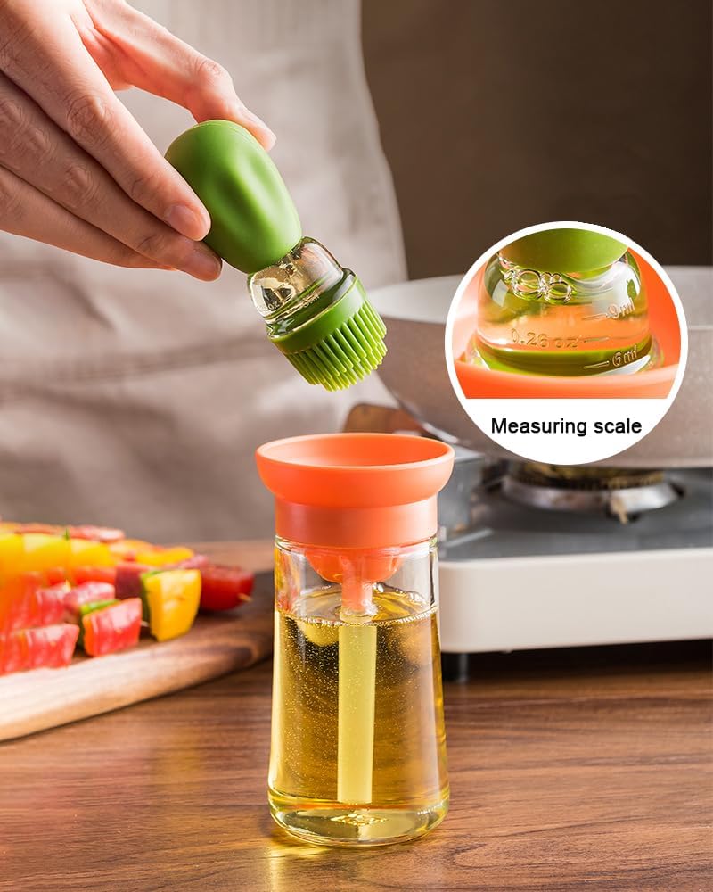 Glass Olive Oil Dispenser Bottle With Silicone Brush 2 In 1, Silicone Dropper Measuring Oil Dispenser Bottle for Kitchen Cooking, Frying, Baking, BBQ Pancake, Air Fryer,Green