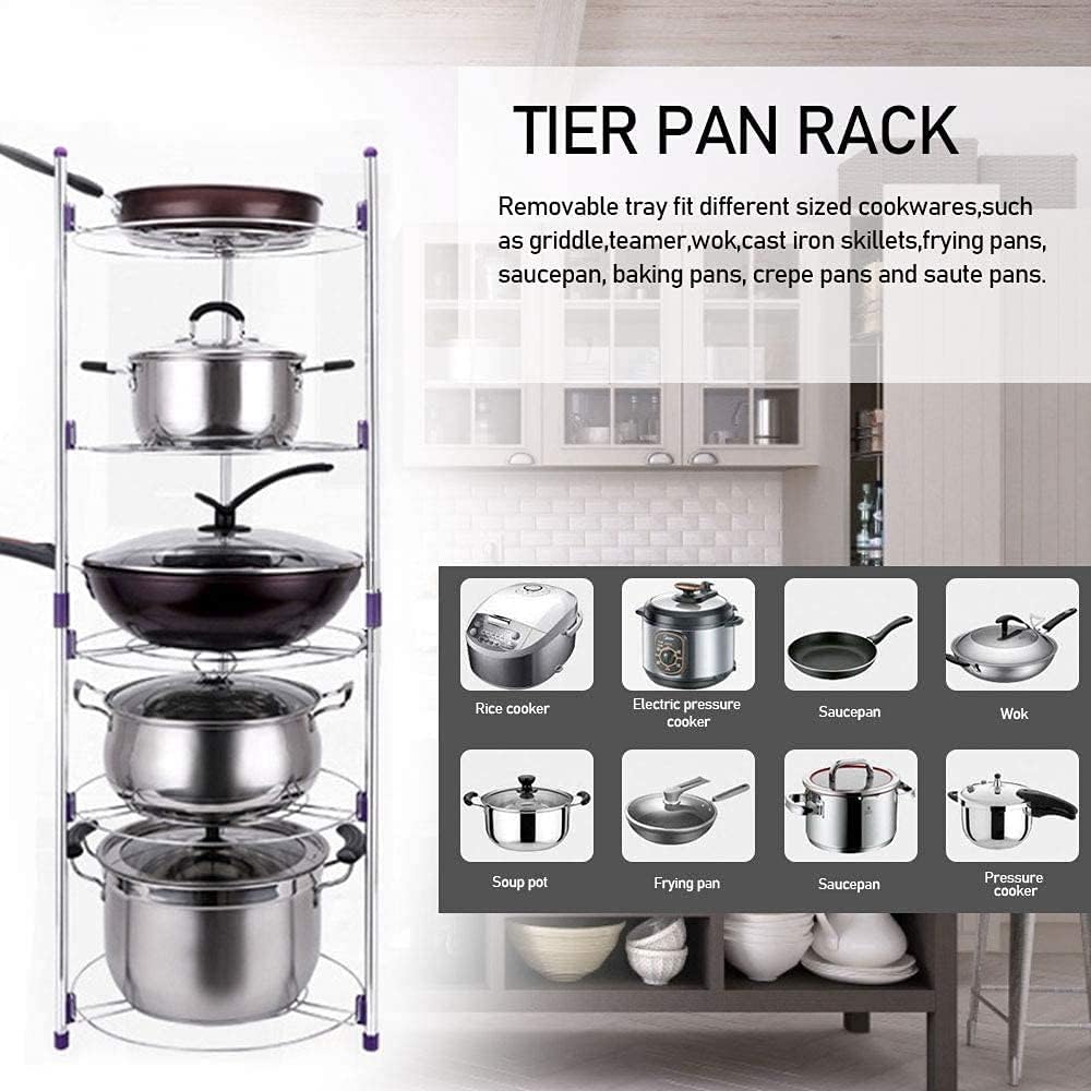 POT AND PAN RACK 5 LAYER Kitchen Pan Stand Saucepan Pot Rack Holder, 5 Tiers Home Kitchen Pans Pots Storage Rack Durable Metal Wire Shelving Organizer,