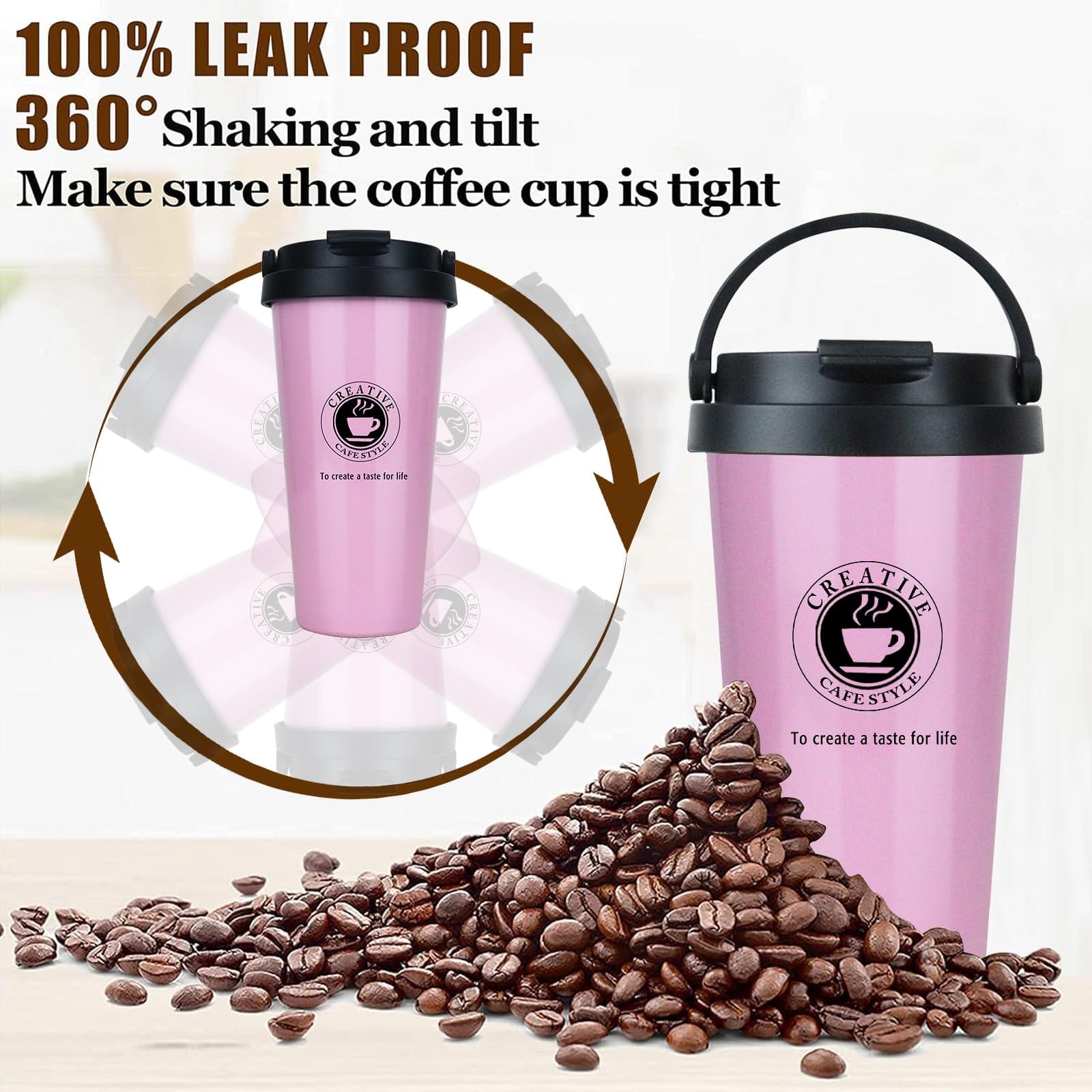 Stainless Steel Double Wall Vacuum Insulated Travel Coffee Mug with Handle/Portable Thermal Cup, Wide Mouth Tumbler with Lid, 500ml