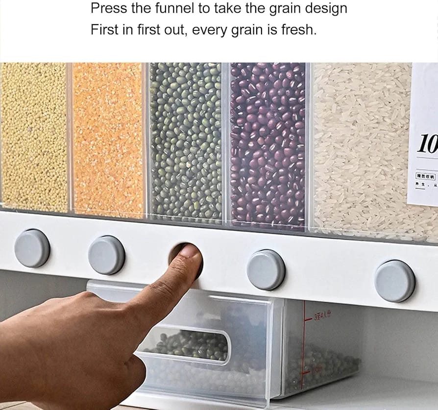 6 compartment cereals dispenser,Wall Mounted Dry Food Dispenser - Whole Grains Rice Bucket Rice Storage Tank, Space Saving Containers for Convenient Storage of Rice Nuts Beans Cereals