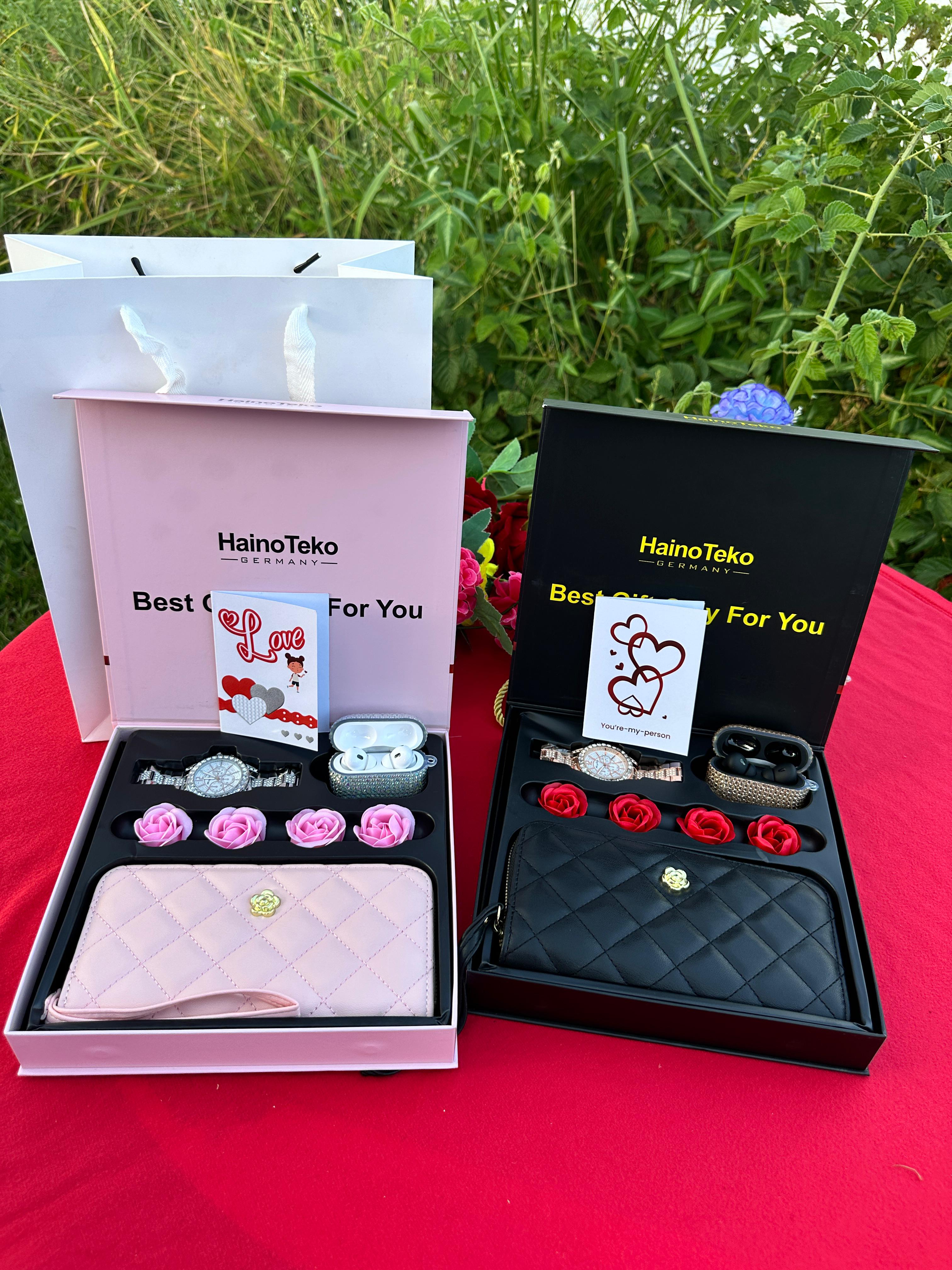 🌹❤️VALENTINES LADIES GIFT PACK 🌹❤️💐High Quality Earbuds 💐Ladies Watch 💐Purse/Wallet💐Preserved Roses💐Gift Card & Gift Bag 🥰Pink&Black