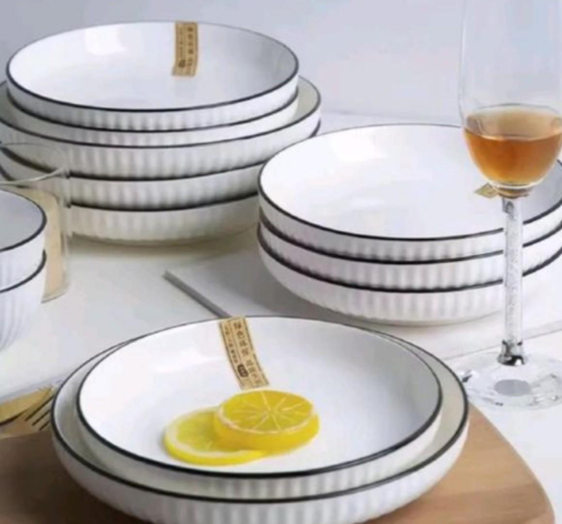 Japanese White Ceramic Plates/ Side Plates with black ring boarder 3 Pcs /6 Pcs