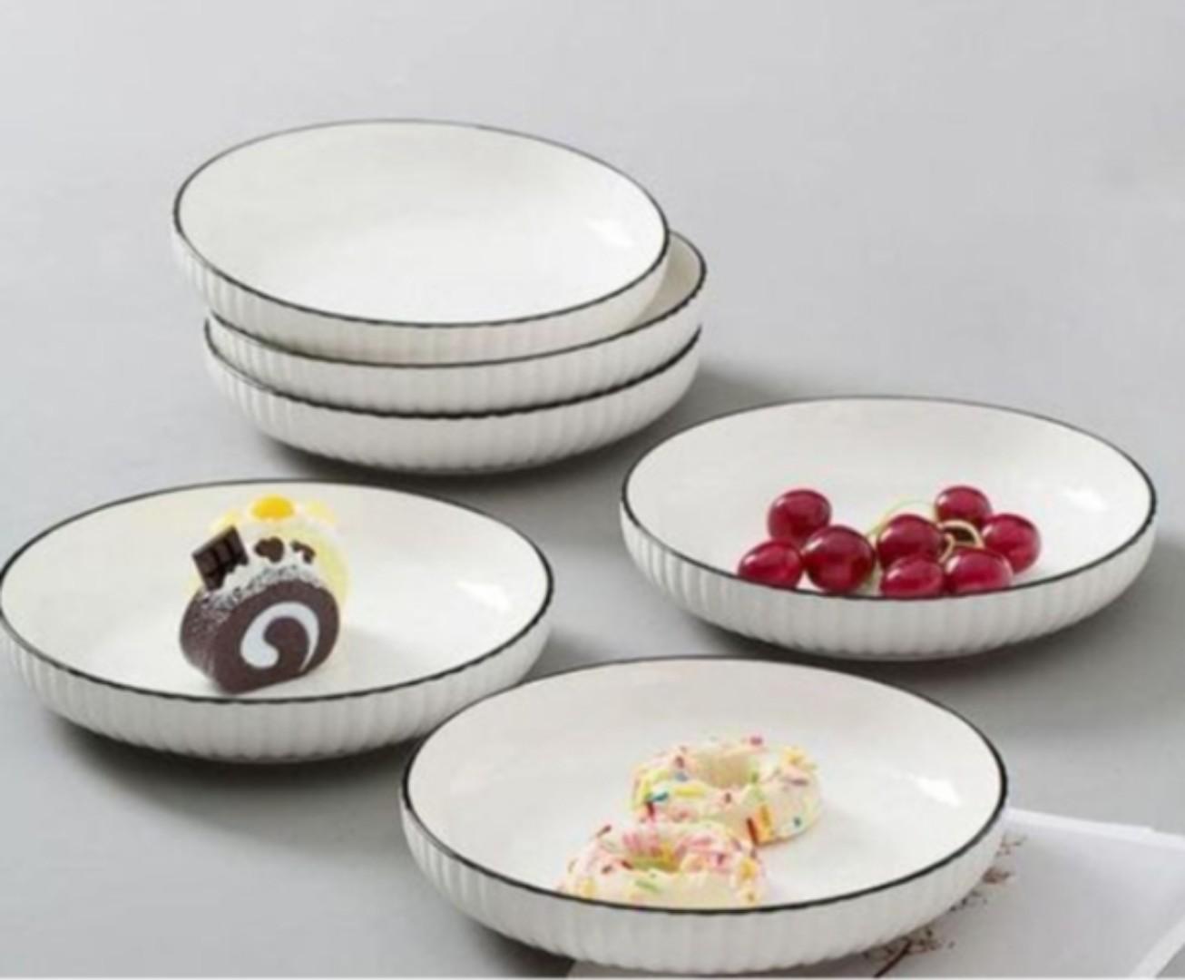 Japanese White Ceramic Plates/ Side Plates with black ring boarder 3 Pcs /6 Pcs