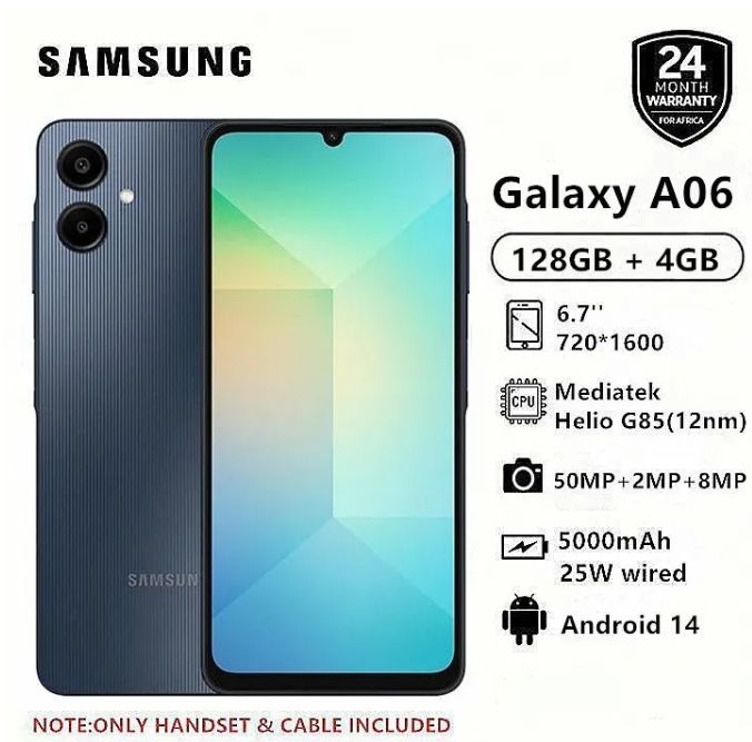 New Arrival Samsung Galaxy A06 128GB+4GB 50MP Camera 6.7" 90Hz MTK Helio G85 (12nm) 5000mAh 25W Type-C Charge Android 14 Smart Phones Side Fingerprint Unlock phone