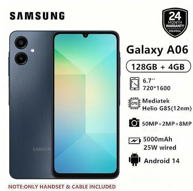 New Arrival Samsung Galaxy A06 128GB+4GB 50MP Camera 6.7" 90Hz MTK Helio G85 (12nm) 5000mAh 25W Type-C Charge Android 14 Smart Phones Side Fingerprint Unlock phone