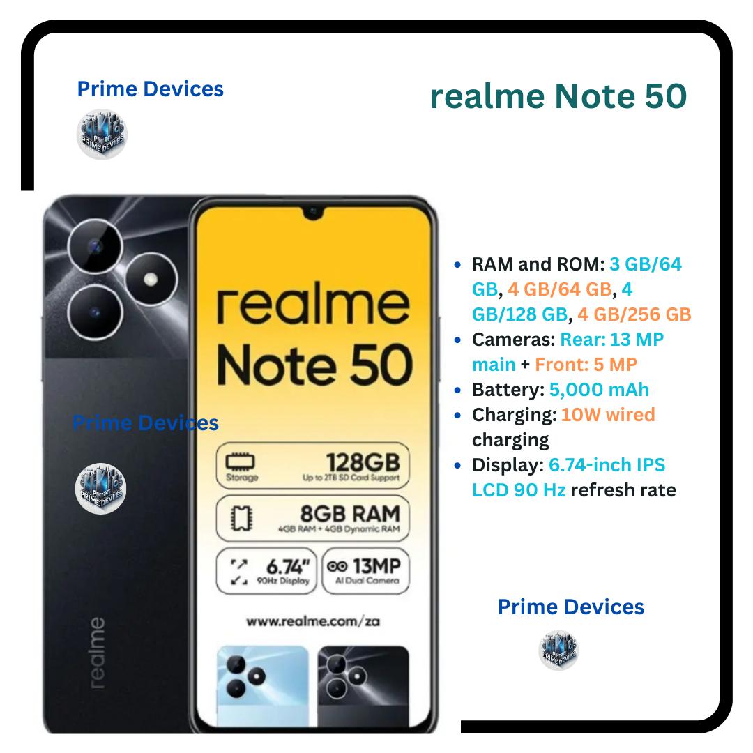 [Limited Offer] Brand New realme Note 50 6.74" 90Hz 64GB ROM + 3GB RAM IP54 Dust and Water resistant 5000mAh Battery Type-C 3-Card Slot Side Fingerprint Smart Phones