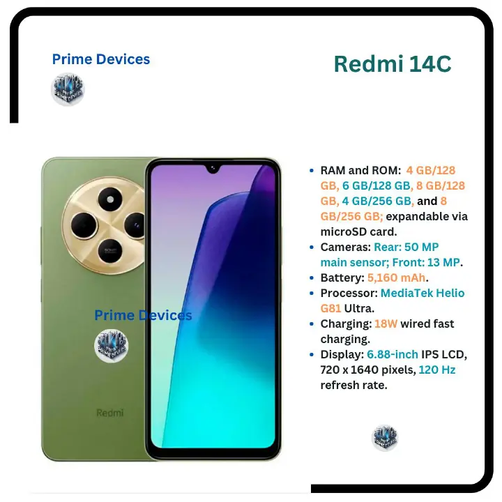 [Exlusive Deal] Brand New XIAOMI Redmi 14C 256GB+8GB Ram 50MP AI Dual Camera Immersive 6.88" UHD Display Upto 120Hz Refresh Rate Dual Sim 5160mAh Battery Elegant glass
