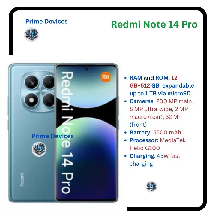 Brand New XIAOMI Redmi Note 14 Pro 12GB+512GB 6.67" 120Hz AMOLED Display 200MP Camera IP64 Dust and Splash Resistant 5500mAh Battery Under-display Fingerprint 45W Fast Charging Smart Phones