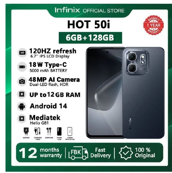 [Special Offer] Infinix Hot 50i 128GB + 6GB 6.7" Screen Phone Dual SIM 4G Network 5000mAh Battery with 18W Type-C Charging 48MP Camera Fingerprint Lock G81 Smartphones IP54 Dust/Water Resistance