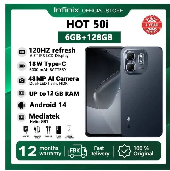 [Special Offer] Infinix Hot 50i 128GB + 6GB 6.7" Screen Phone Dual SIM 4G Network 5000mAh Battery with 18W Type-C Charging 48MP Camera Fingerprint Lock G81 Smartphones IP54 Dust/Water Resistance