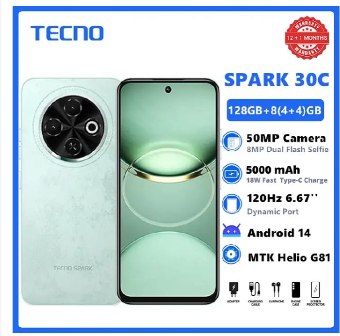 {New Arrival} TECNO SPARK 30C 128GB +8(4+4)GB 120Hz 6.6" Dynamic Port 50MP Dual Speakers 7.8mm Ultra Slim 5000mAh 18W Type-C Dual SIM 4G Smart Phones Side Fingerprint phone