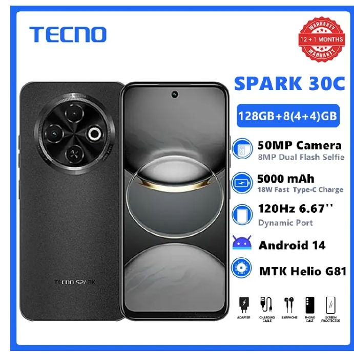 {New Arrival} TECNO SPARK 30C 128GB +8(4+4)GB 120Hz 6.6" Dynamic Port 50MP Dual Speakers 7.8mm Ultra Slim 5000mAh 18W Type-C Dual SIM 4G Smart Phones Side Fingerprint phone