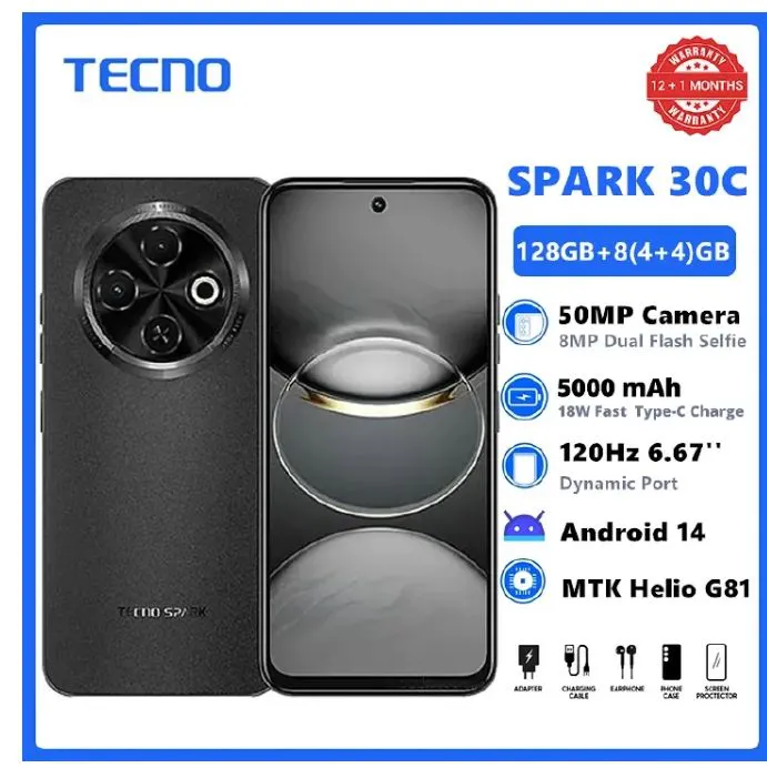 {New Arrival} TECNO SPARK 30C 128GB +8(4+4)GB 120Hz 6.6" Dynamic Port 50MP Dual Speakers 7.8mm Ultra Slim 5000mAh 18W Type-C Dual SIM 4G Smart Phones Side Fingerprint phone