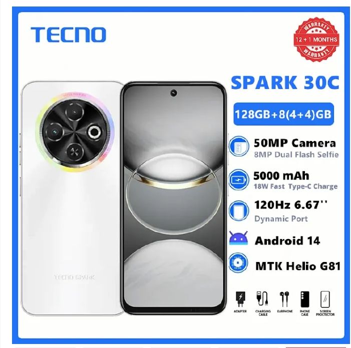 {New Arrival} TECNO SPARK 30C 128GB +8(4+4)GB 120Hz 6.6" Dynamic Port 50MP Dual Speakers 7.8mm Ultra Slim 5000mAh 18W Type-C Dual SIM 4G Smart Phones Side Fingerprint phone