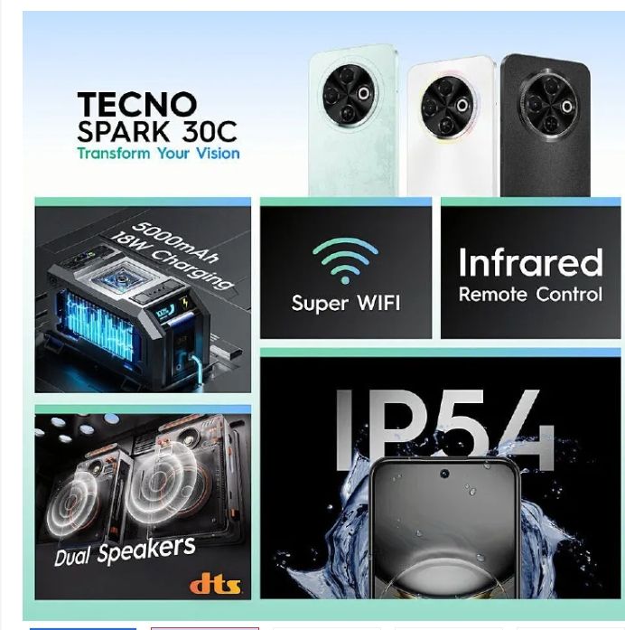 {New Arrival} TECNO SPARK 30C 128GB +8(4+4)GB 120Hz 6.6" Dynamic Port 50MP Dual Speakers 7.8mm Ultra Slim 5000mAh 18W Type-C Dual SIM 4G Smart Phones Side Fingerprint phone