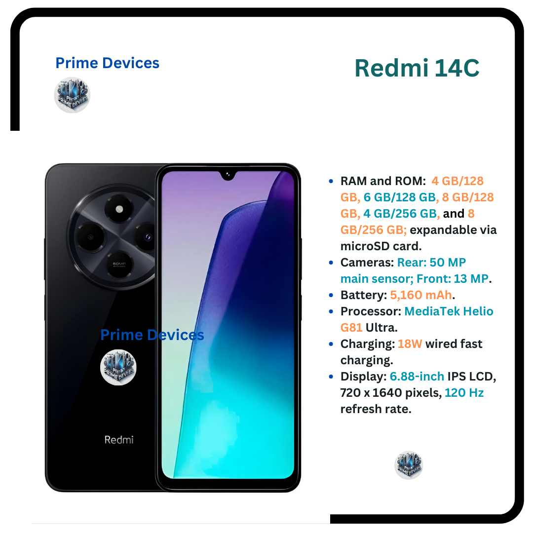 [Exlusive Deal] Brand New XIAOMI Redmi 14C 256GB+8GB Ram 50MP AI Dual Camera Immersive 6.88" UHD Display Upto 120Hz Refresh Rate Dual Sim 5160mAh Battery Elegant glass