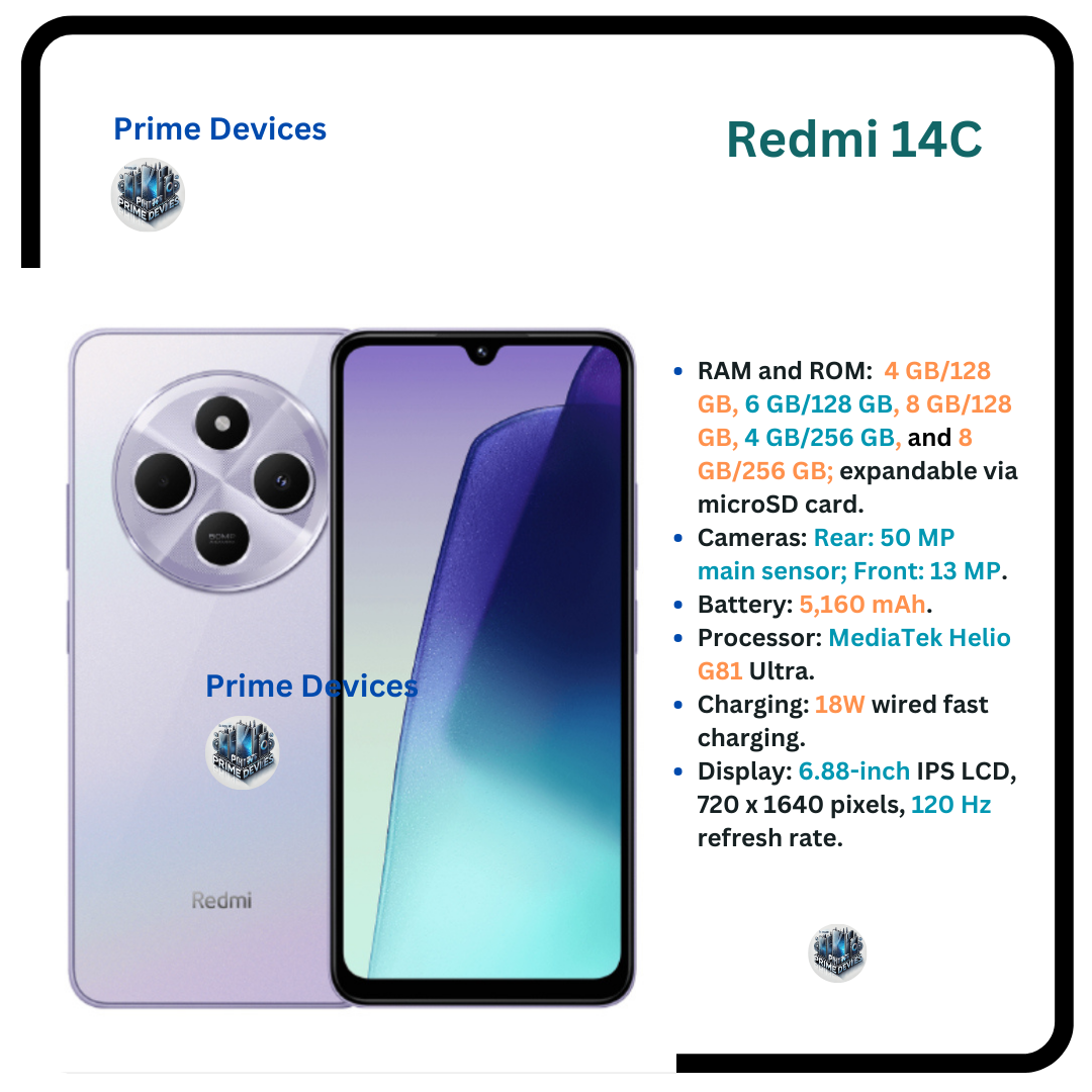 [Exlusive Deal] Brand New XIAOMI Redmi 14C 256GB+8GB Ram 50MP AI Dual Camera Immersive 6.88" UHD Display Upto 120Hz Refresh Rate Dual Sim 5160mAh Battery Elegant glass