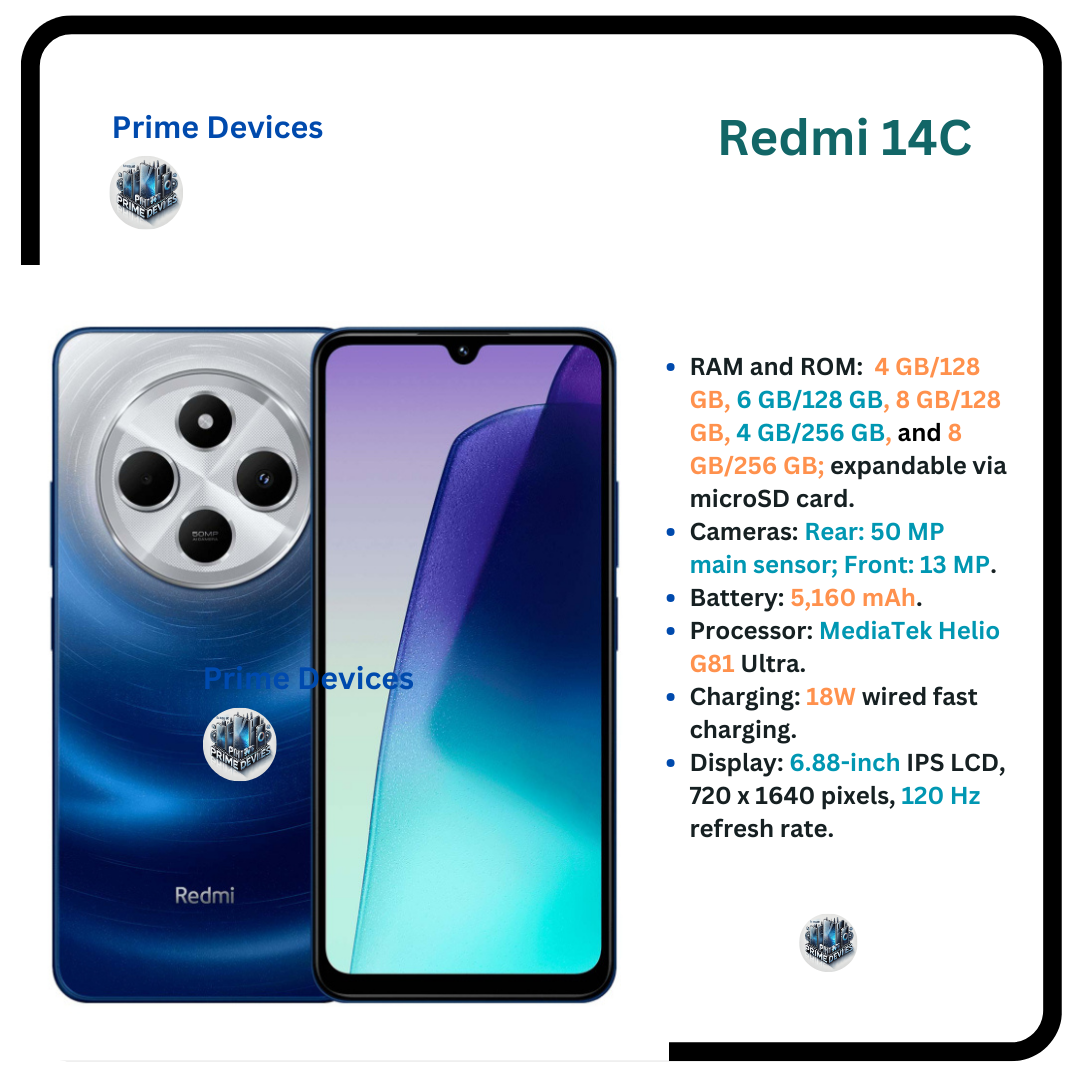 [Exlusive Deal] Brand New XIAOMI Redmi 14C 256GB+8GB Ram 50MP AI Dual Camera Immersive 6.88" UHD Display Upto 120Hz Refresh Rate Dual Sim 5160mAh Battery Elegant glass