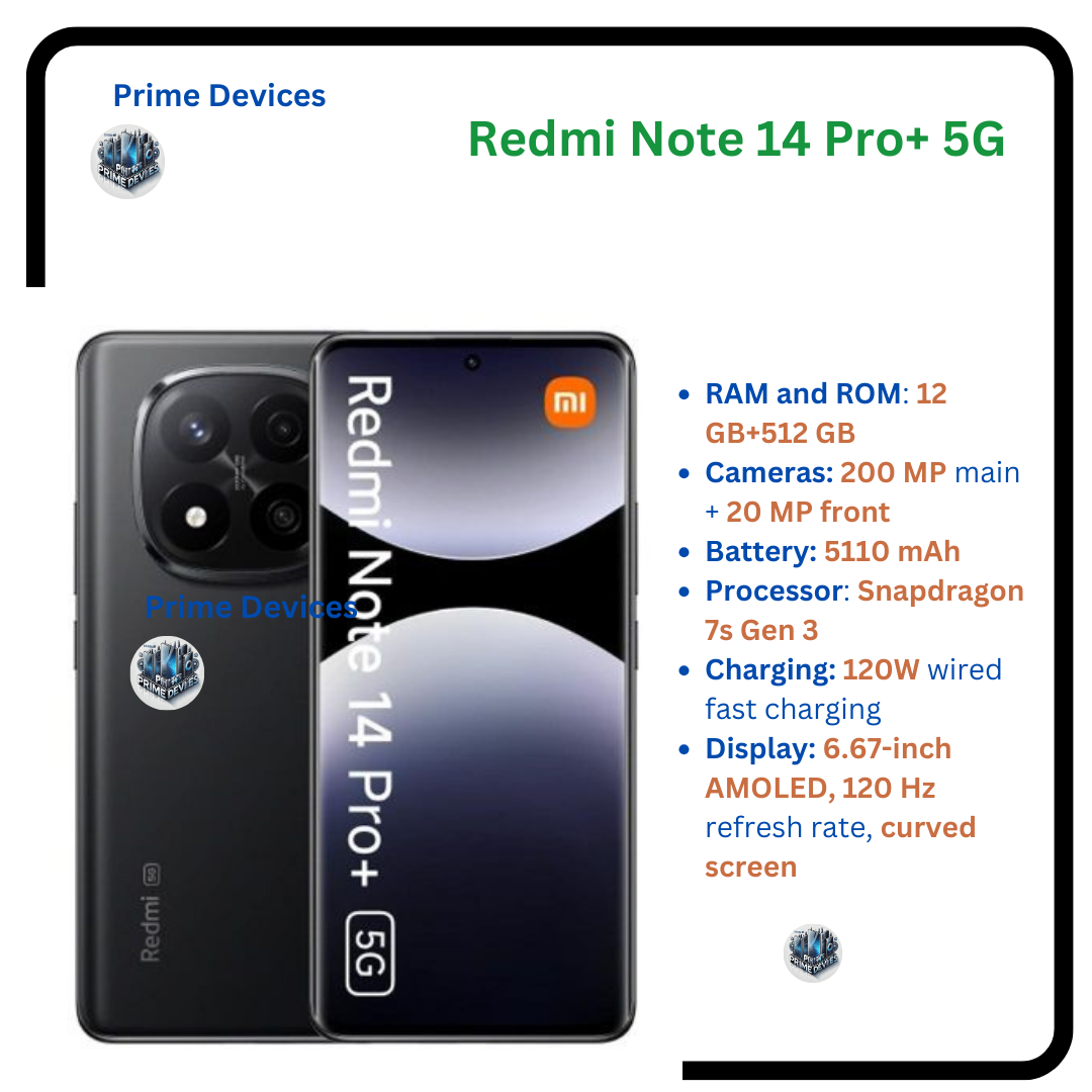 Brand New Redmi Note 14 pro+ 5G Smartphone 12GB+512GB ROM 6.67" Curved AMOLED display 200MP main camera 5110mAh Battery Dual SIM Water & Dust Resistant In-screen fingerprint 120W HyperCharge