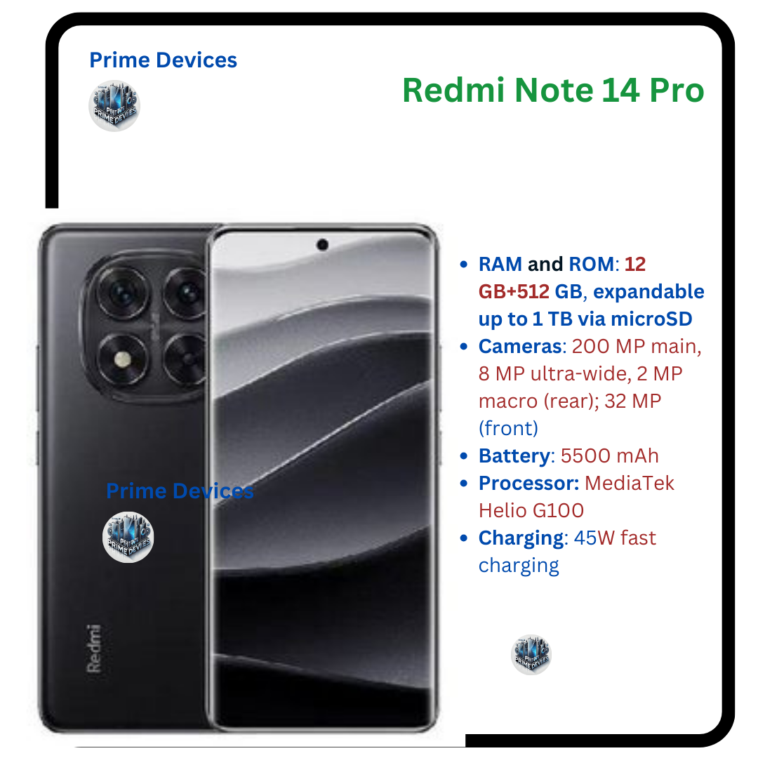 Brand New XIAOMI Redmi Note 14 Pro 12GB+512GB 6.67" 120Hz AMOLED Display 200MP Camera IP64 Dust and Splash Resistant 5500mAh Battery Under-display Fingerprint 45W Fast Charging Smart Phones