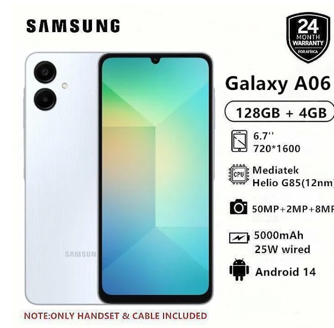 New Arrival Samsung Galaxy A06 128GB+4GB 50MP Camera 6.7" 90Hz MTK Helio G85 (12nm) 5000mAh 25W Type-C Charge Android 14 Smart Phones Side Fingerprint Unlock phone