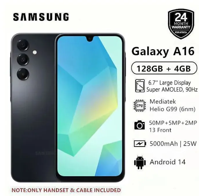 [Tech Week] Samsung Galaxy A16 128GB+4GB 6.7" Super AMOLED Display 50MP Triple Camera Android 14 Mediatek Helio G99 5000mAh 25W Type-C Charge Smart Phones phone