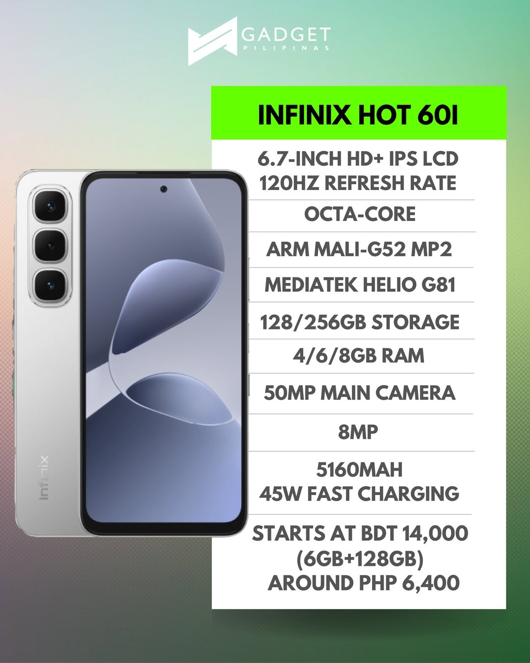 [New Arrival] Infinix Hot 60i 128GB+6GB 6.7" IPS LCD 120Hz Display 50MP Camera 5160mAh Battery 45W Fast Charging IP64 Dust/Water Resistant Dual SIM MTK Helio G81 Ultimate Bypass Charging AI Smartphone