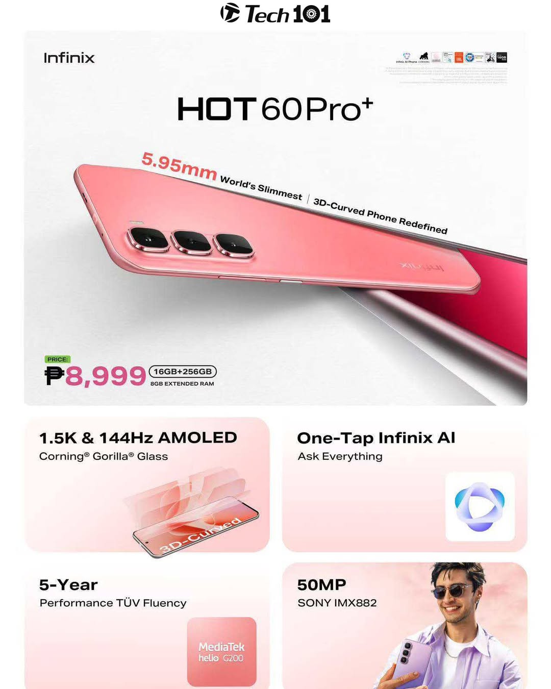 [Limited Time-Deal] Infinix Hot 60 Pro Plus 256GB+16(8+8)GB 6.78" 144Hz Curved AMOLED Display 50+13MP Camera 5160mAh Battery 45W Fast Charging Corning Gorilla IP65 Infinix Hot 60 Pro+ AI Smartphone