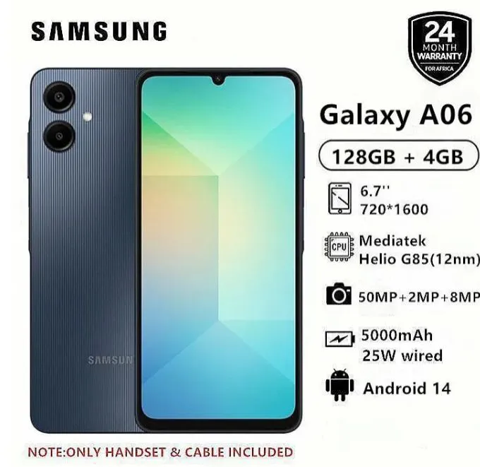 New Arrival Samsung Galaxy A06 128GB+4GB 50MP Camera 6.7" 90Hz MTK Helio G85 (12nm) 5000mAh 25W Type-C Charge Android 14 Smart Phones Side Fingerprint Unlock phone
